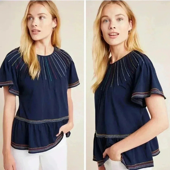 Maeve Anthropologie Chamonix Embroidered Swing Top Size XS Navy Blue - Picture 1 of 9